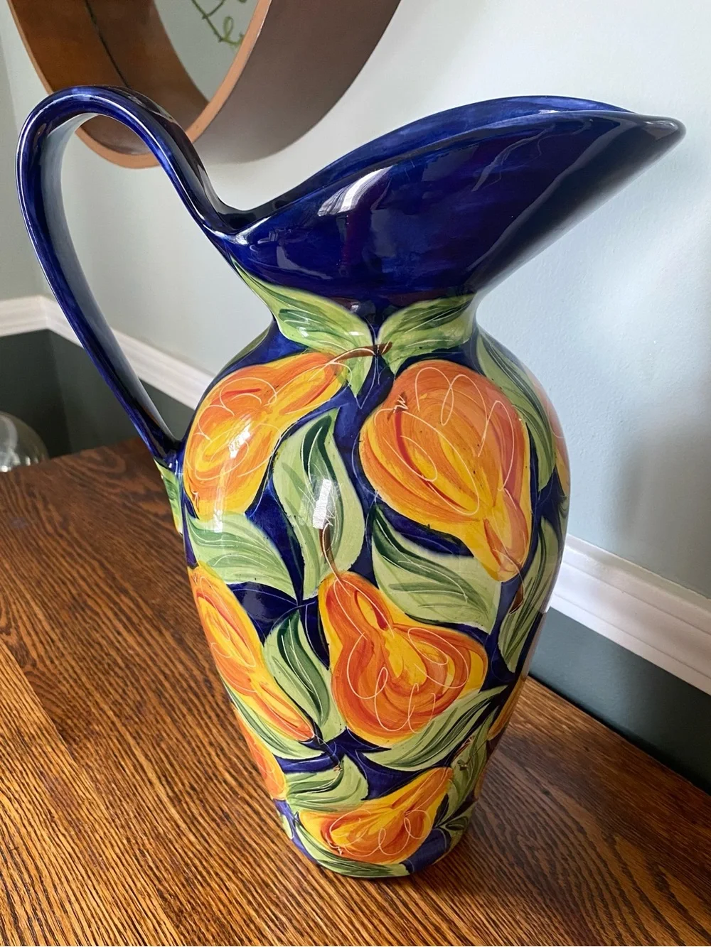 Vintage 90s Large Hand Painted Ceramic Vase / Jug Fruit Motif Blue Orange
